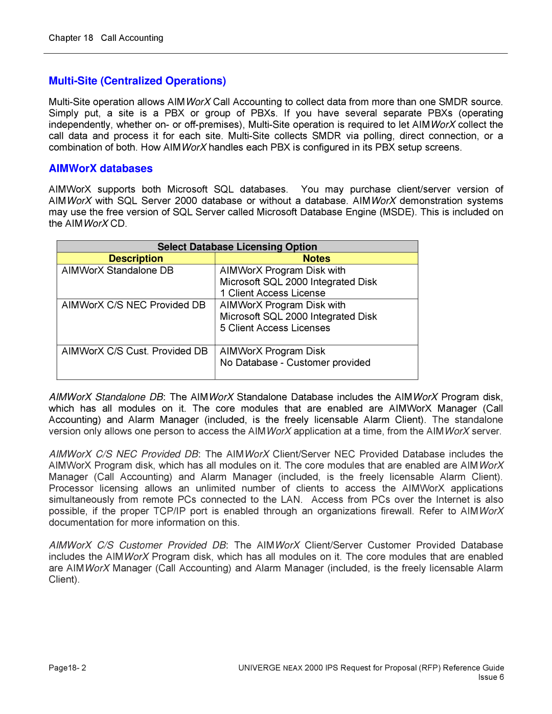 NEC 2000 IPS manual Multi-Site Centralized Operations, AIMWorX databases, Select Database Licensing Option Description 