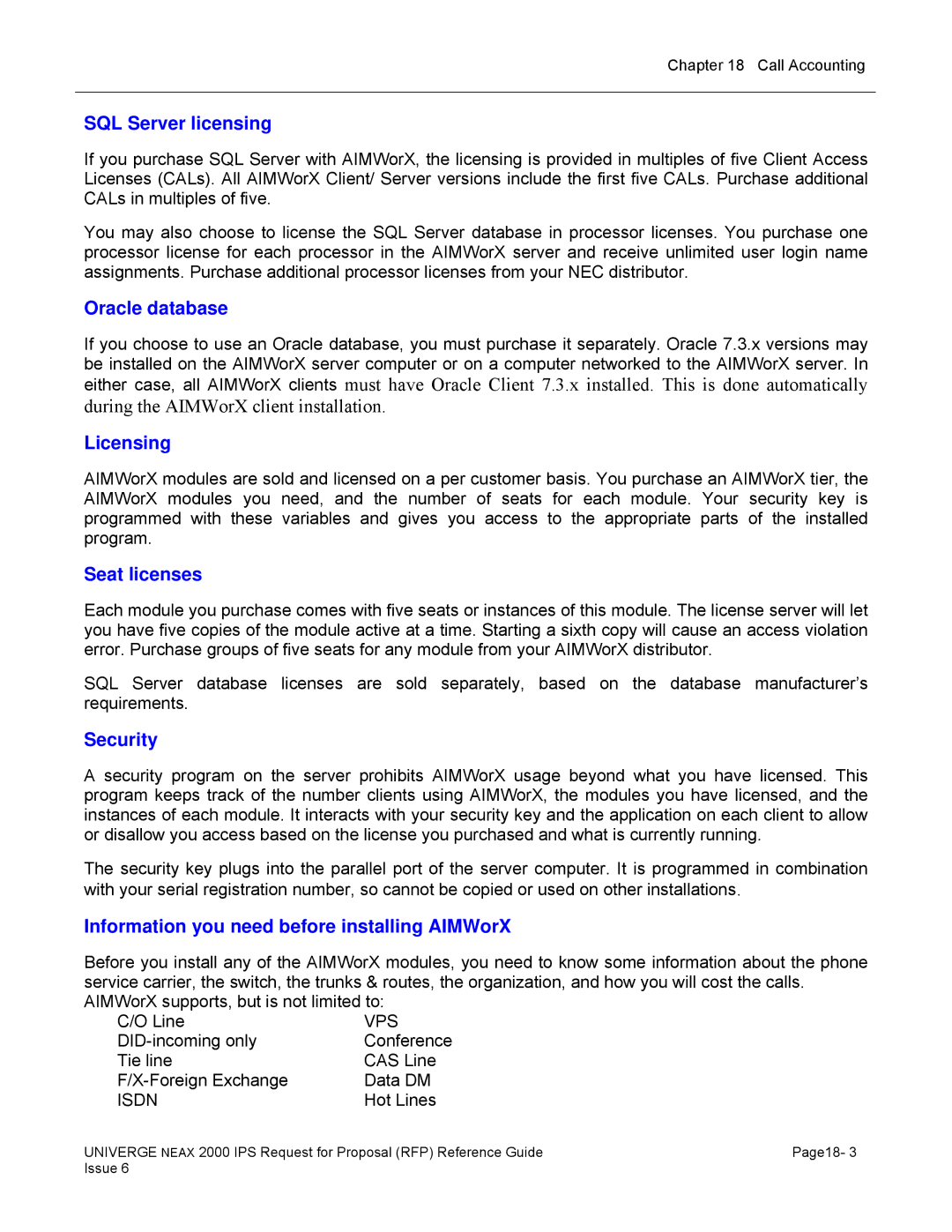 NEC 2000 IPS manual SQL Server licensing, Oracle database, Licensing, Seat licenses, Security 