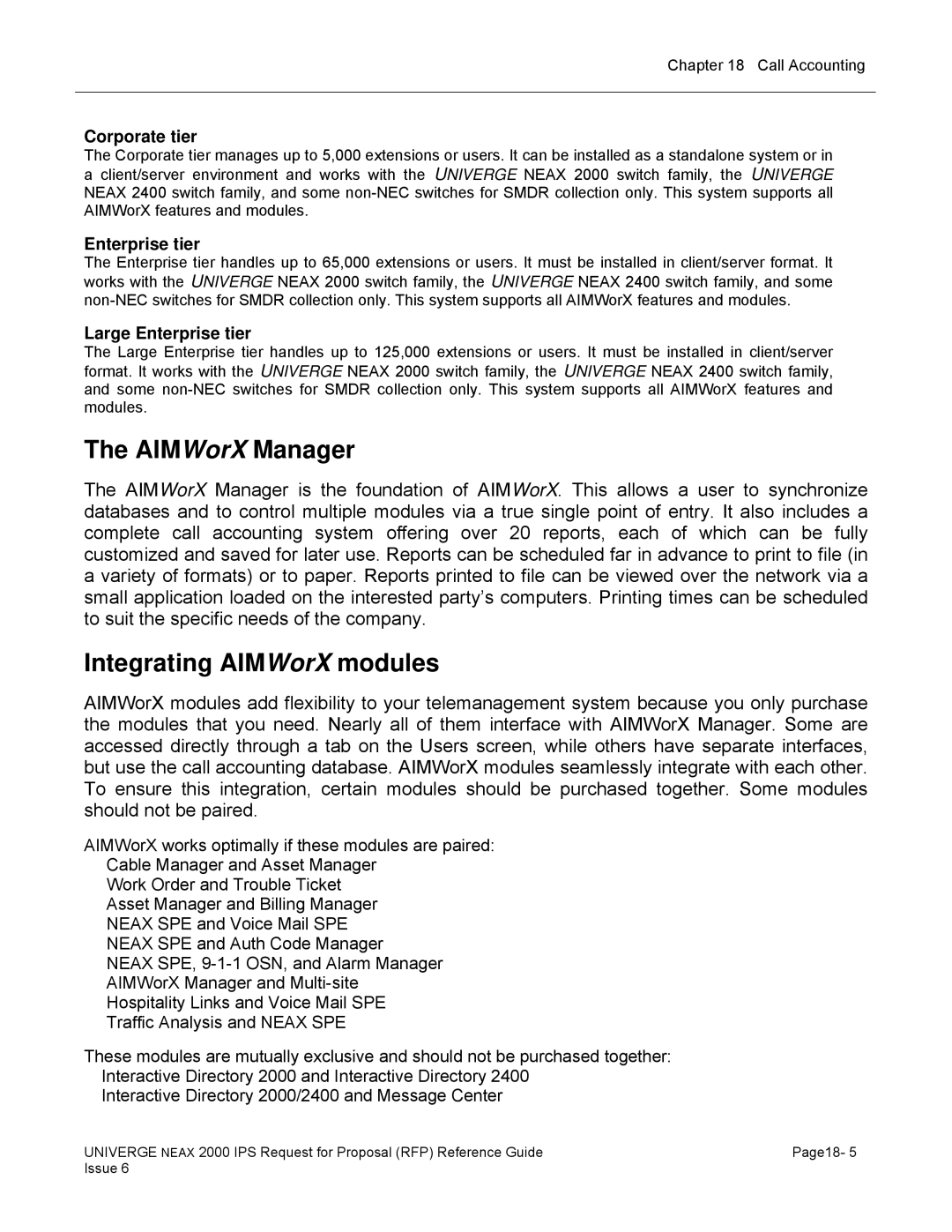 NEC 2000 IPS manual AIMWorX Manager, Integrating AIMWorX modules, Corporate tier, Large Enterprise tier 