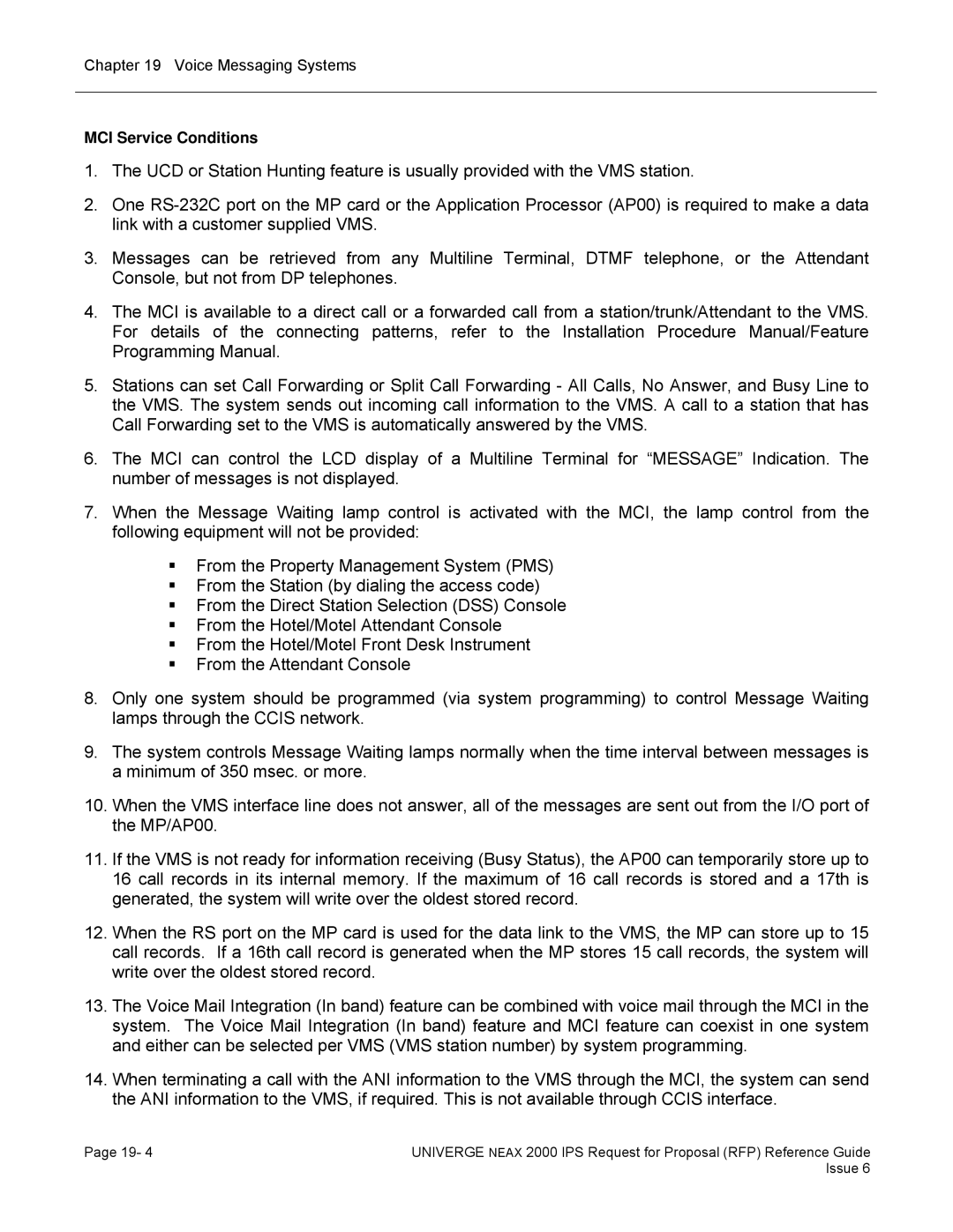 NEC 2000 IPS manual MCI Service Conditions 