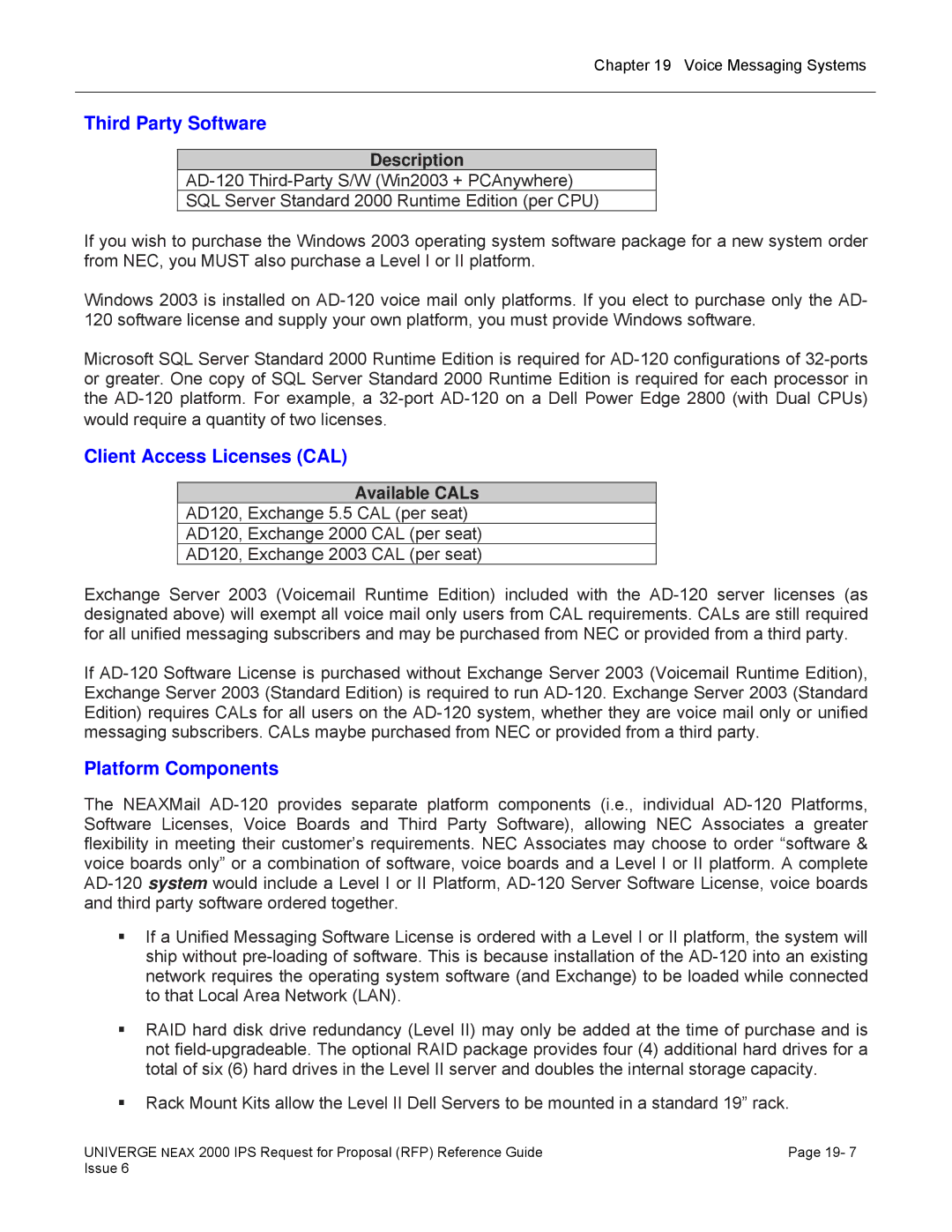 NEC 2000 IPS manual Third Party Software, Client Access Licenses CAL, Platform Components 