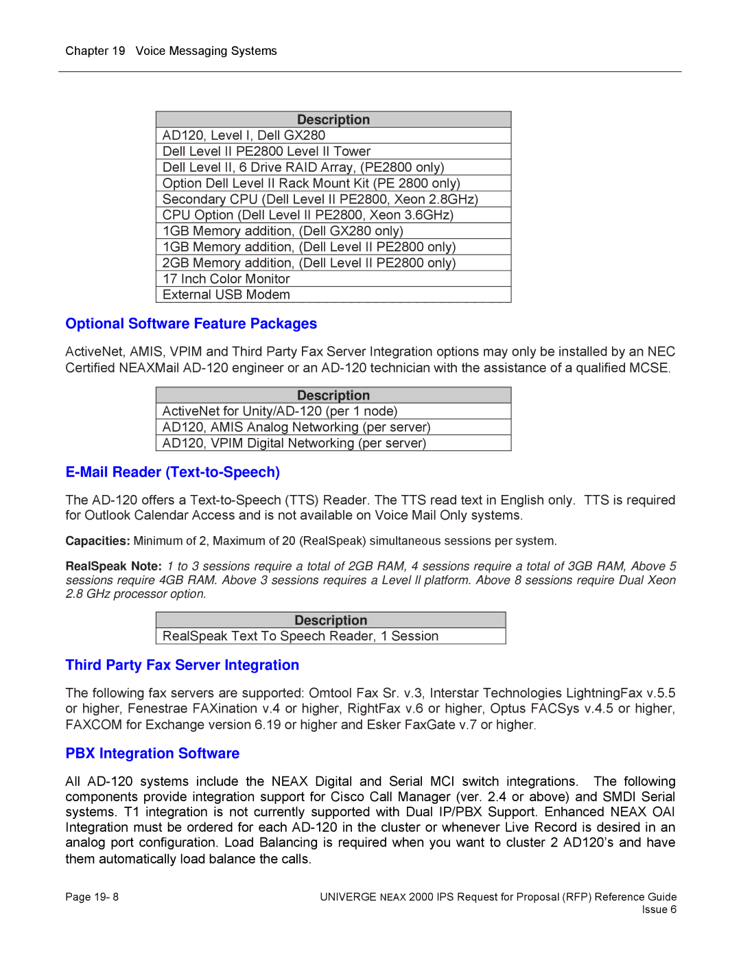 NEC 2000 IPS manual Optional Software Feature Packages, Mail Reader Text-to-Speech, Third Party Fax Server Integration 