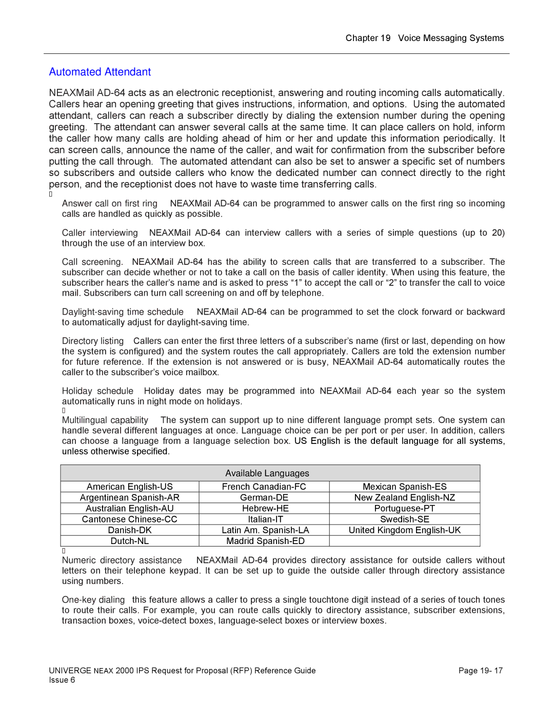 NEC 2000 IPS manual Automated Attendant, Available Languages 