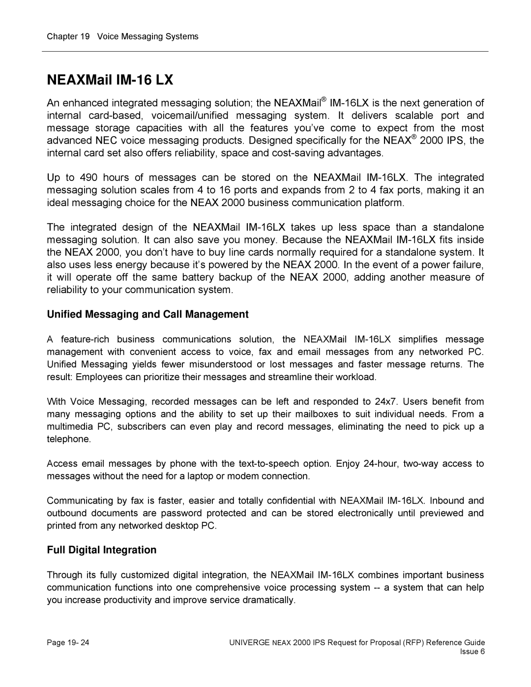 NEC 2000 IPS manual NEAXMail IM-16 LX, Unified Messaging and Call Management, Full Digital Integration 