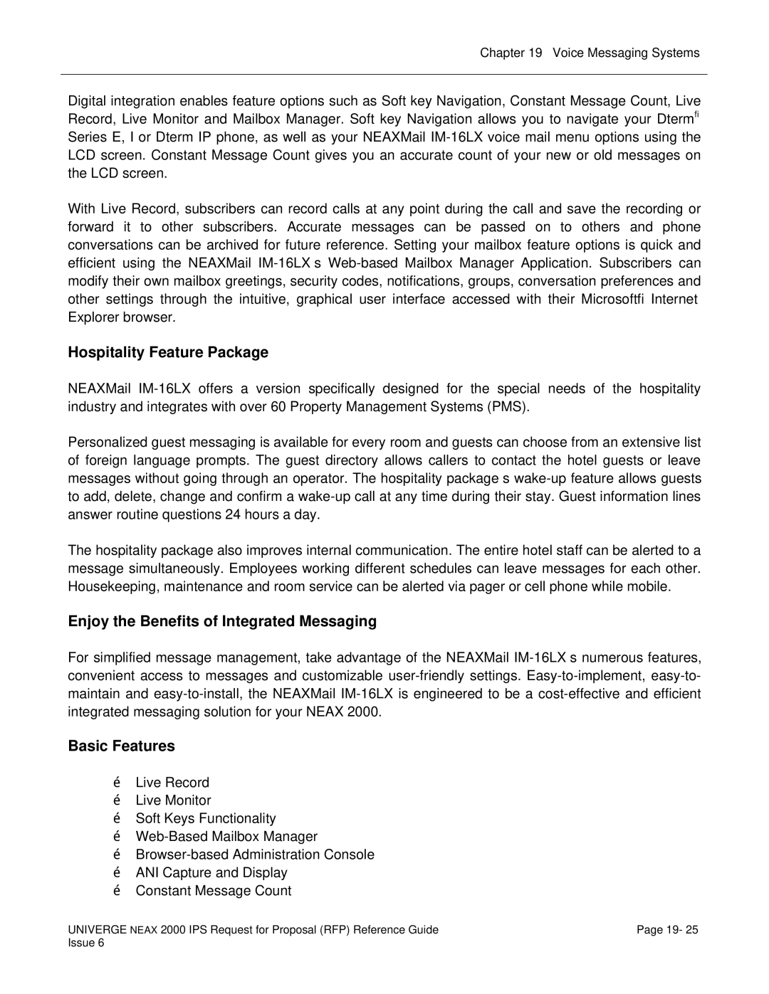 NEC 2000 IPS manual Hospitality Feature Package, Enjoy the Benefits of Integrated Messaging, Basic Features 