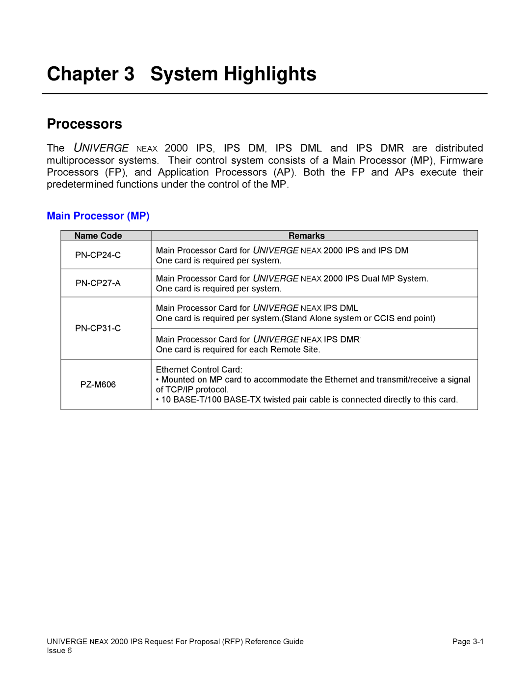 NEC 2000 IPS manual System Highlights, Processors, Main Processor MP, Name Code Remarks 