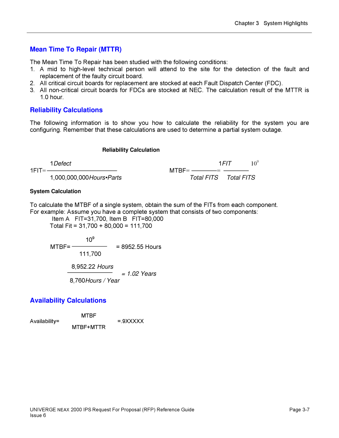 NEC 2000 IPS manual Mean Time To Repair Mttr, Reliability Calculations, Availability Calculations, System Calculation 