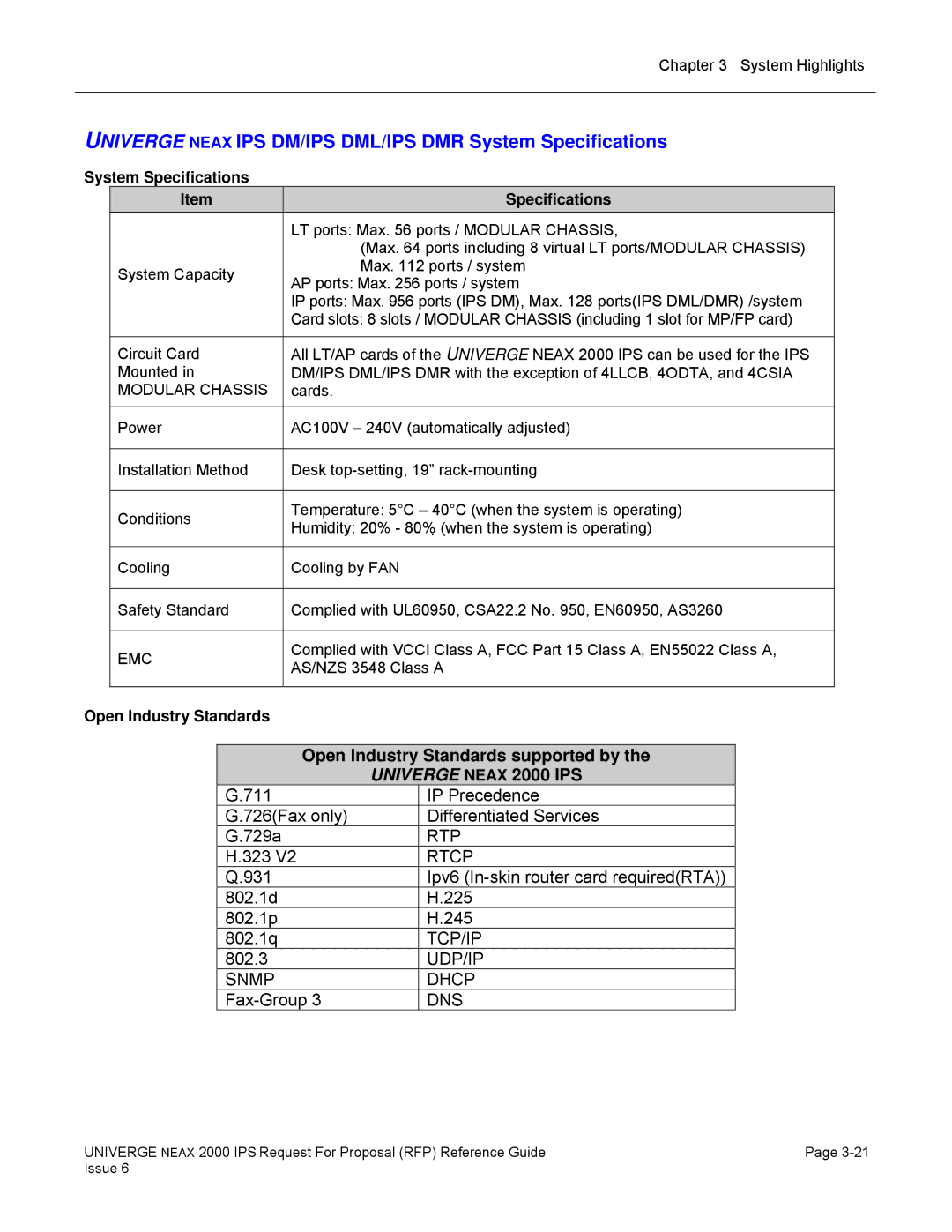 NEC 2000 IPS manual Univerge Neax IPS DM/IPS DML/IPS DMR System Specifications, Emc, Open Industry Standards 