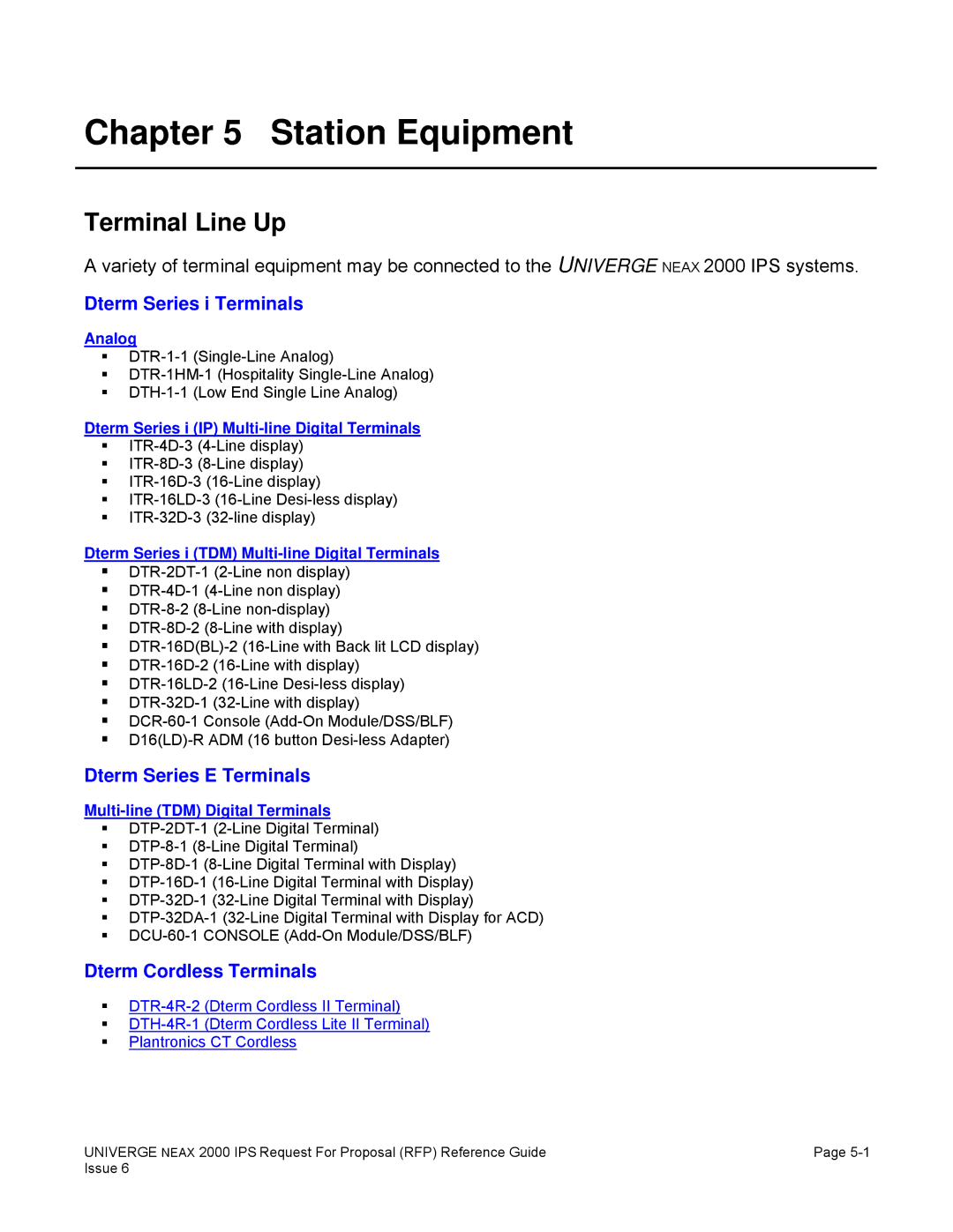 NEC 2000 IPS manual Station Equipment, Terminal Line Up, Dterm Series i Terminals, Dterm Series E Terminals 