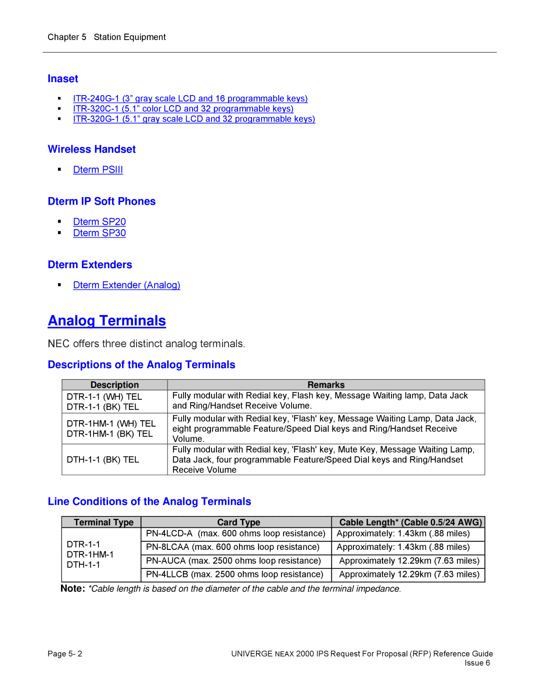 NEC 2000 IPS manual Inaset, Wireless Handset, Dterm IP Soft Phones, Dterm Extenders, Descriptions of the Analog Terminals 