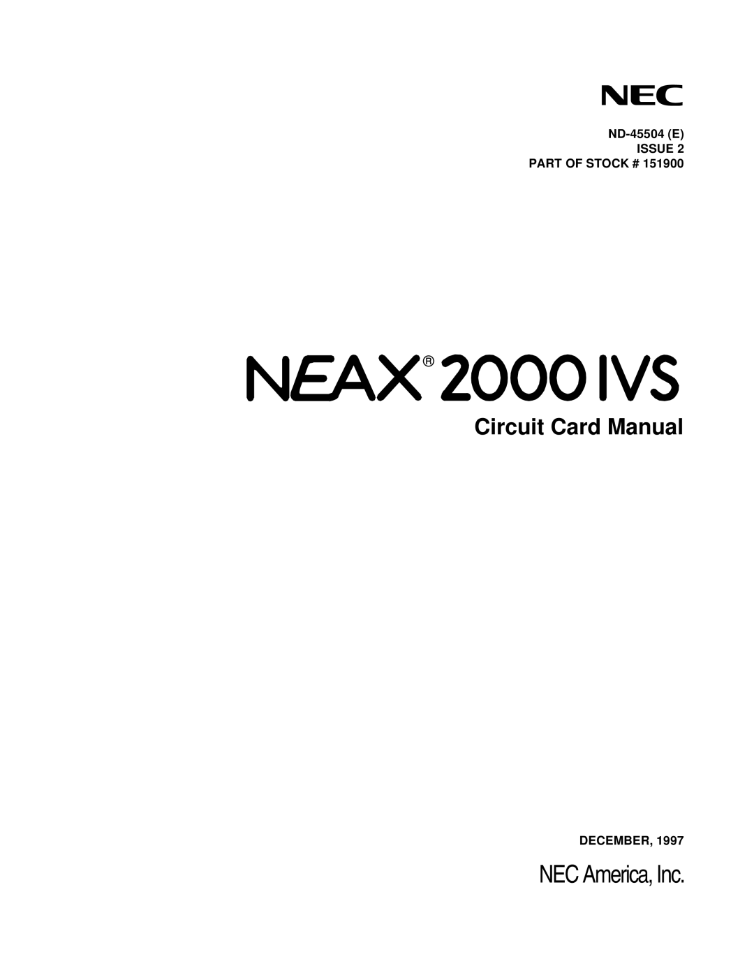 NEC 2000 IVS manual NEC America, Inc, Circuit Card Manual 