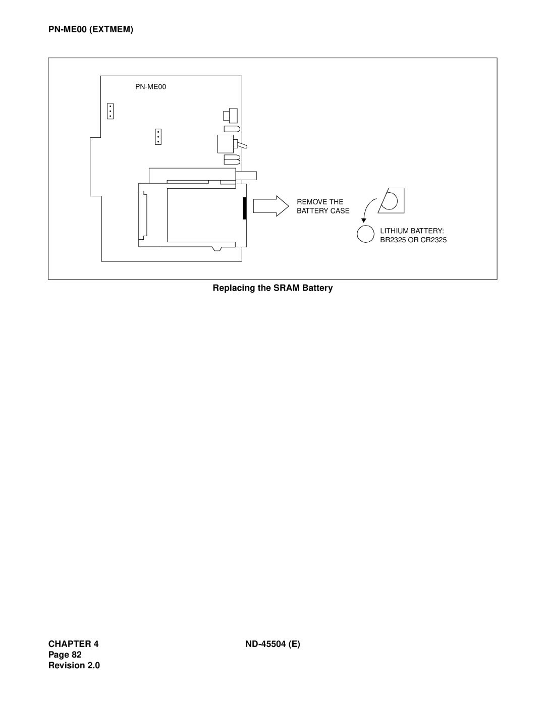 NEC 2000 IVS manual PN-ME00EXTMEM, Replacing the SRAM Battery, Chapter, ND-45504E, Page Revision, BR2325 OR CR2325 