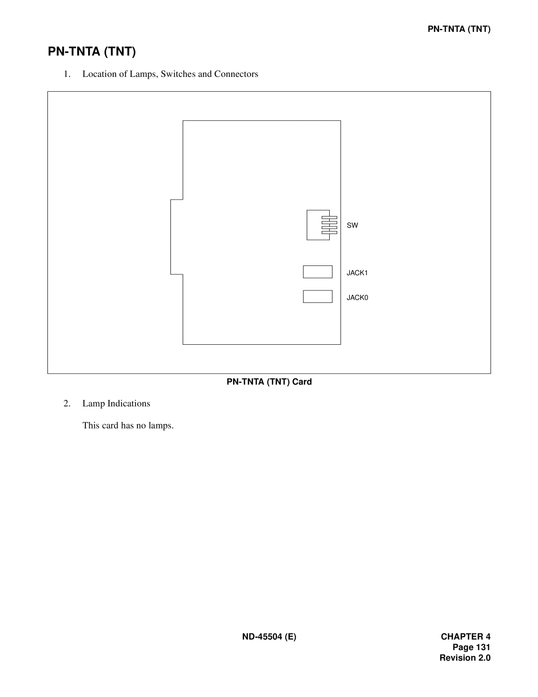NEC 2000 IVS manual Pn-Tntatnt, Lamp Indications This card has no lamps, Location of Lamps, Switches and Connectors 