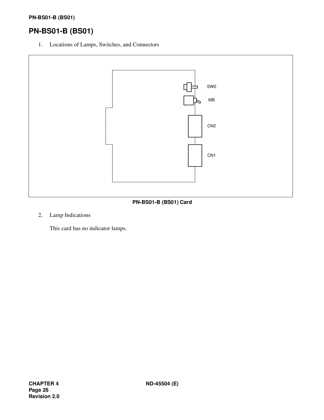 NEC 2000 IVS Locations of Lamps, Switches, and Connectors, Lamp Indications, PN-BS01-BBS01 Card, Chapter, ND-45504E 