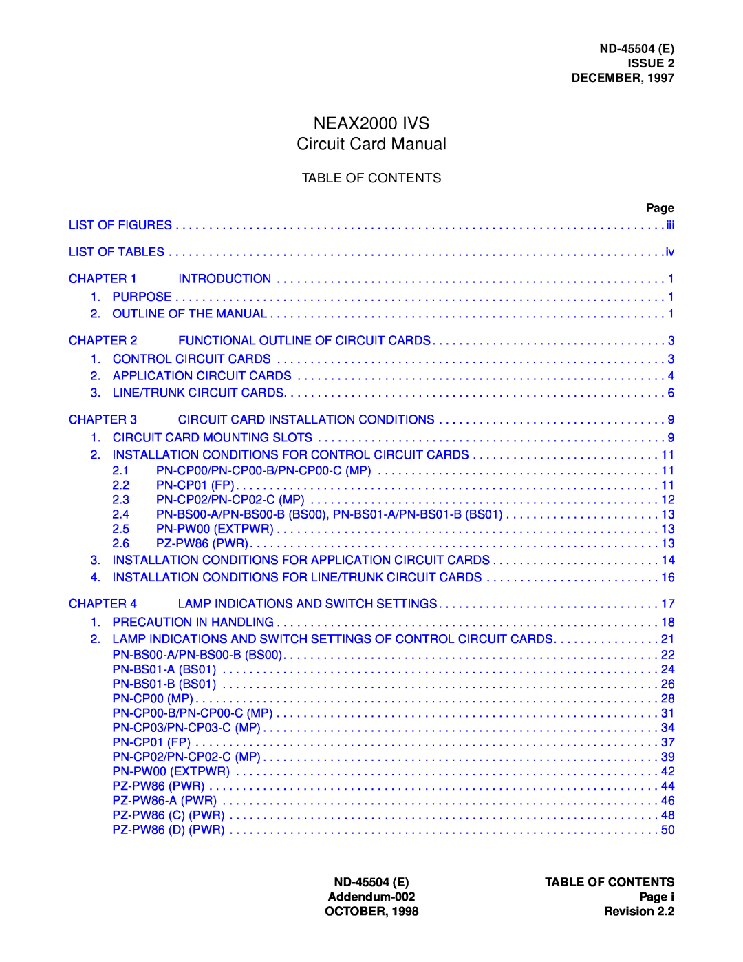 NEC manual Table Of Contents, NEAX2000 IVS Circuit Card Manual 
