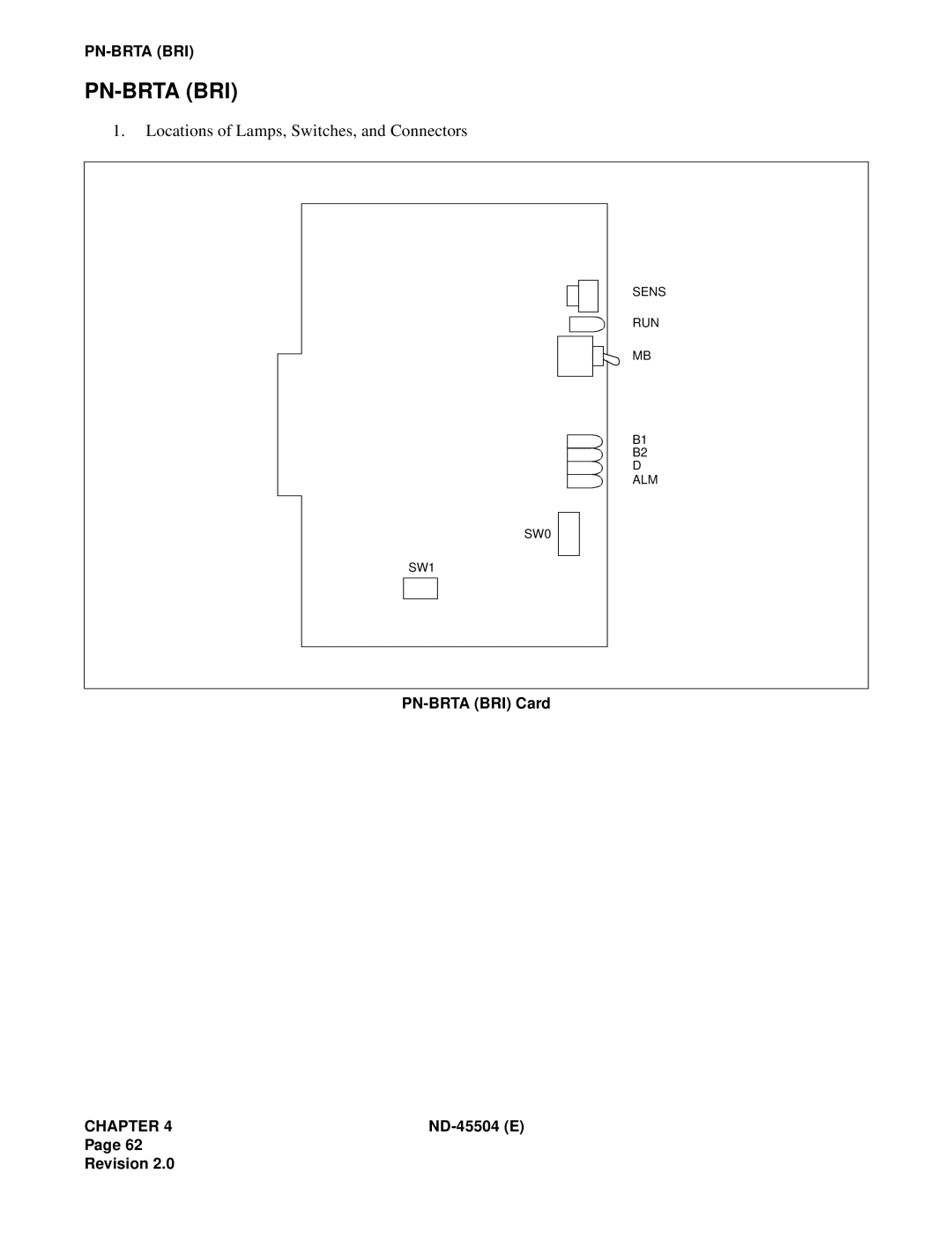 NEC 2000 IVS Pn-Brtabri, Locations of Lamps, Switches, and Connectors, PN-BRTABRI Card, Chapter, ND-45504E, Page Revision 