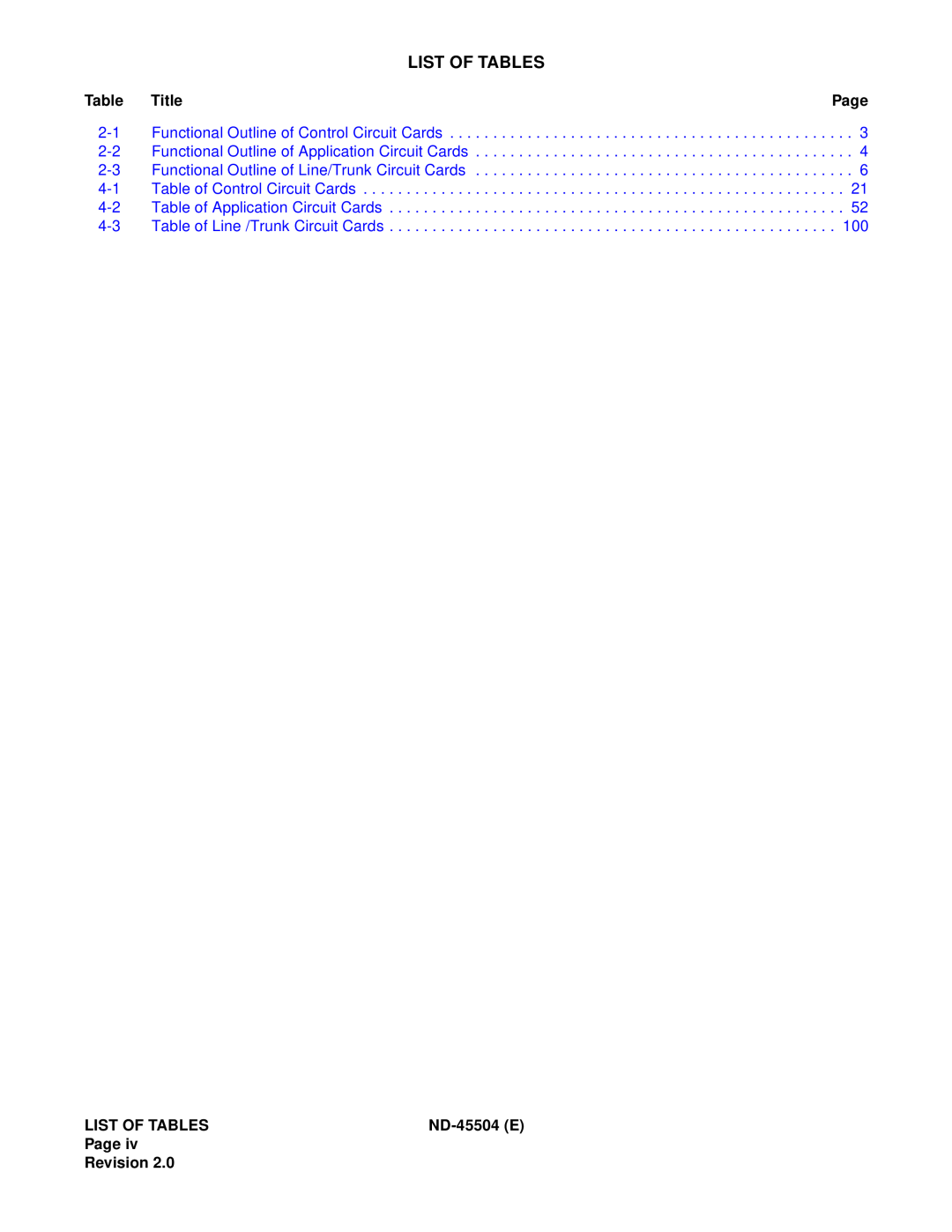 NEC 2000 IVS manual List Of Tables, Table Title, ND-45504E, Page Revision 