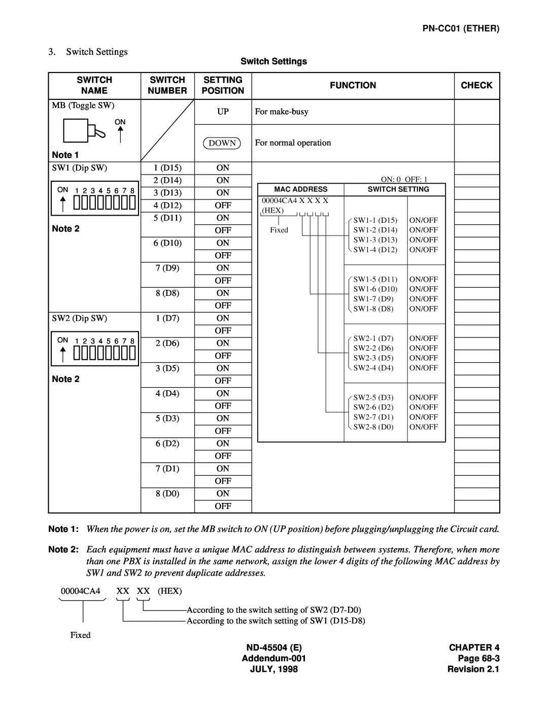 NEC 2000 IVS manual 00004CA4 XX XX HEX, According to the switch setting of SW2 D7-D0, Fixed 