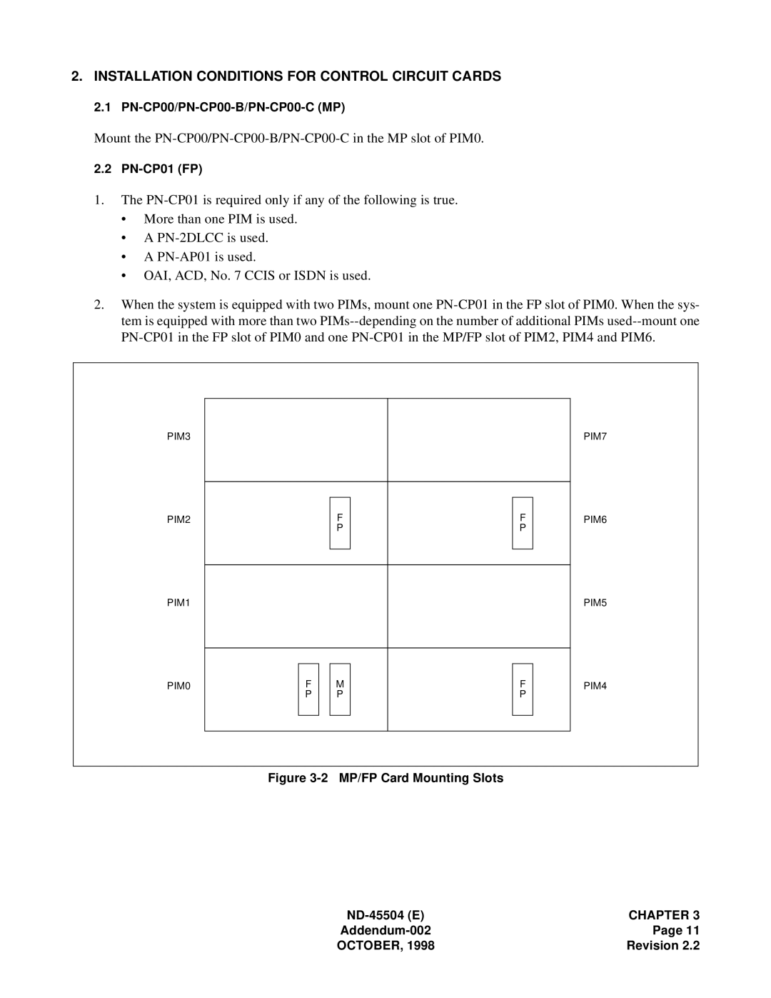 NEC 2000 IVS manual Installation Conditions for Control Circuit Cards, MP/FP Card Mounting Slots ND-45504 E 