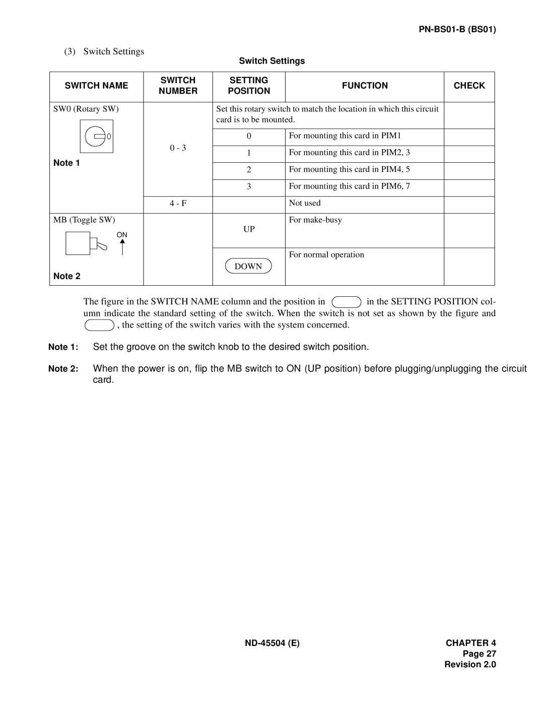 NEC 2000 IVS manual Switch Settings 