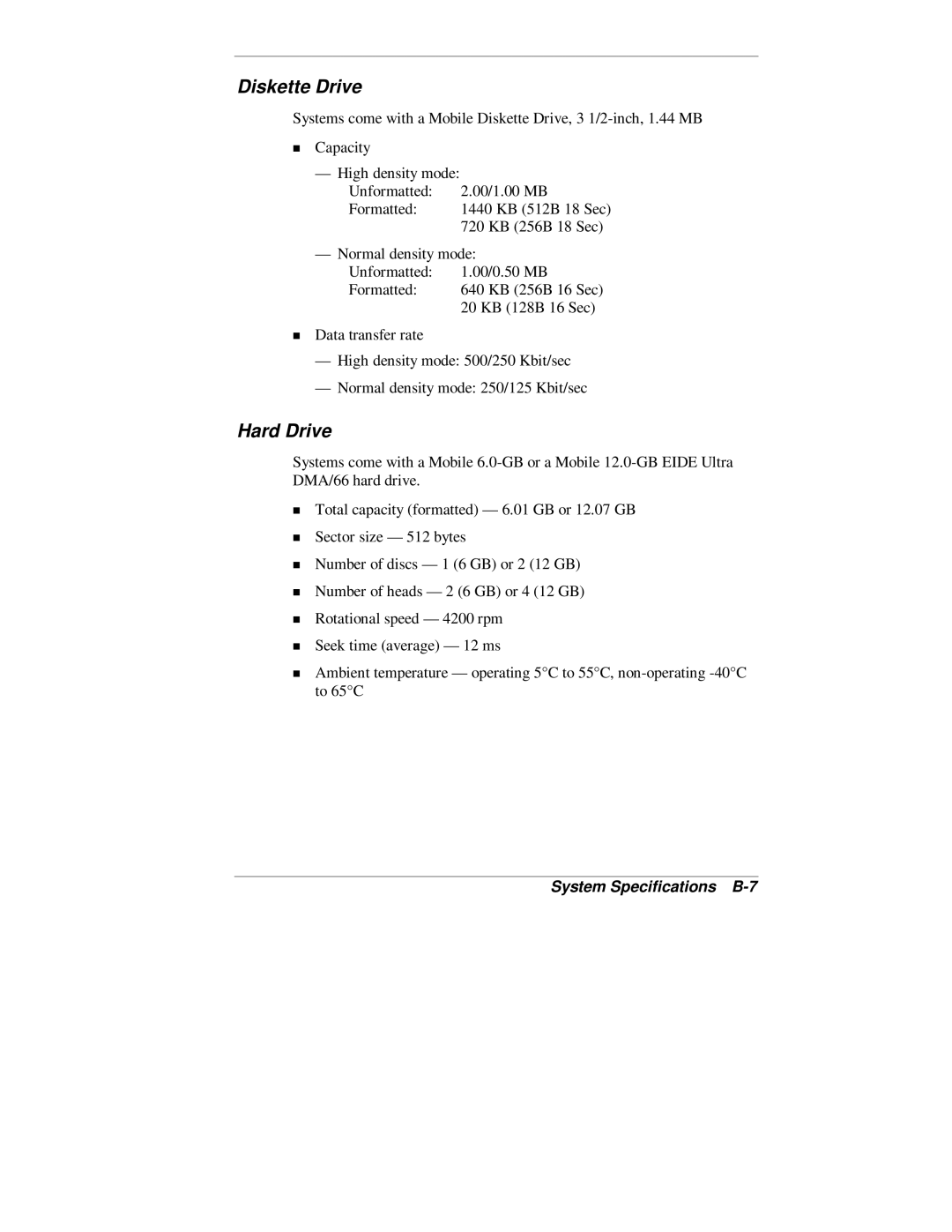 NEC 2000 Series manual Diskette Drive, System Specifications B-7 