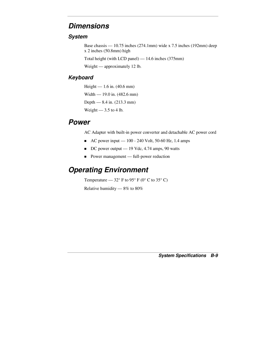 NEC 2000 Series manual Dimensions, Power, Operating Environment, System Specifications B-9 