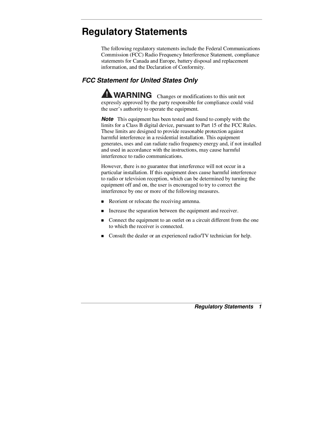 NEC 2000 Series manual Regulatory Statements, FCC Statement for United States Only 