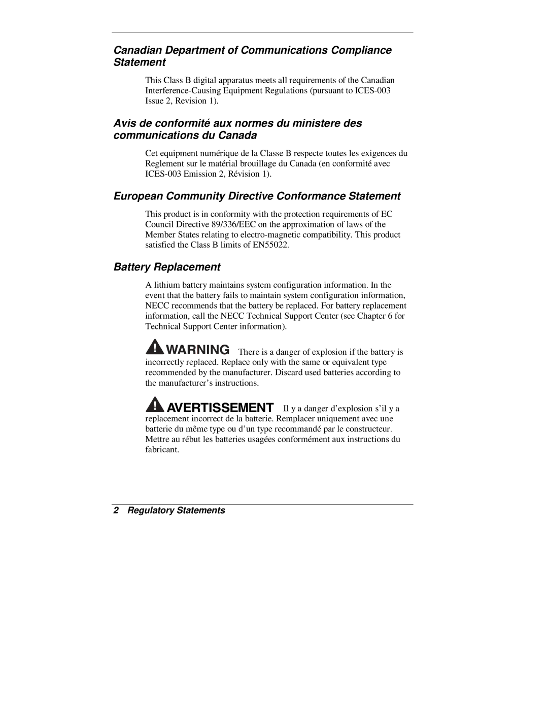 NEC 2000 Series manual Canadian Department of Communications Compliance Statement, Battery Replacement 