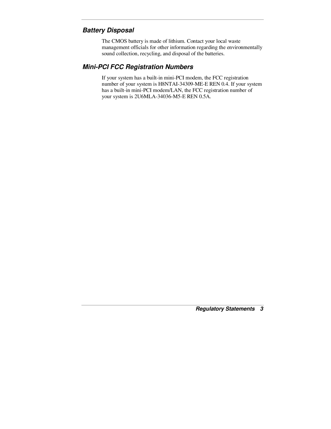 NEC 2000 Series manual Battery Disposal, Mini-PCI FCC Registration Numbers 