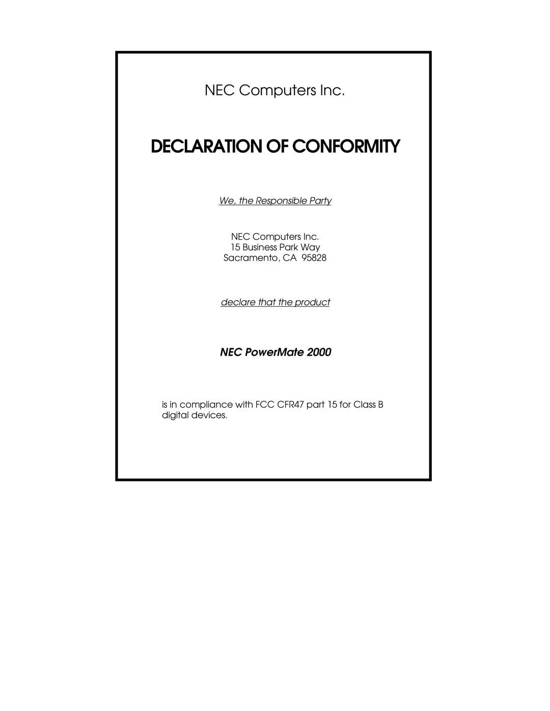 NEC 2000 Series manual Declaration of Conformity 