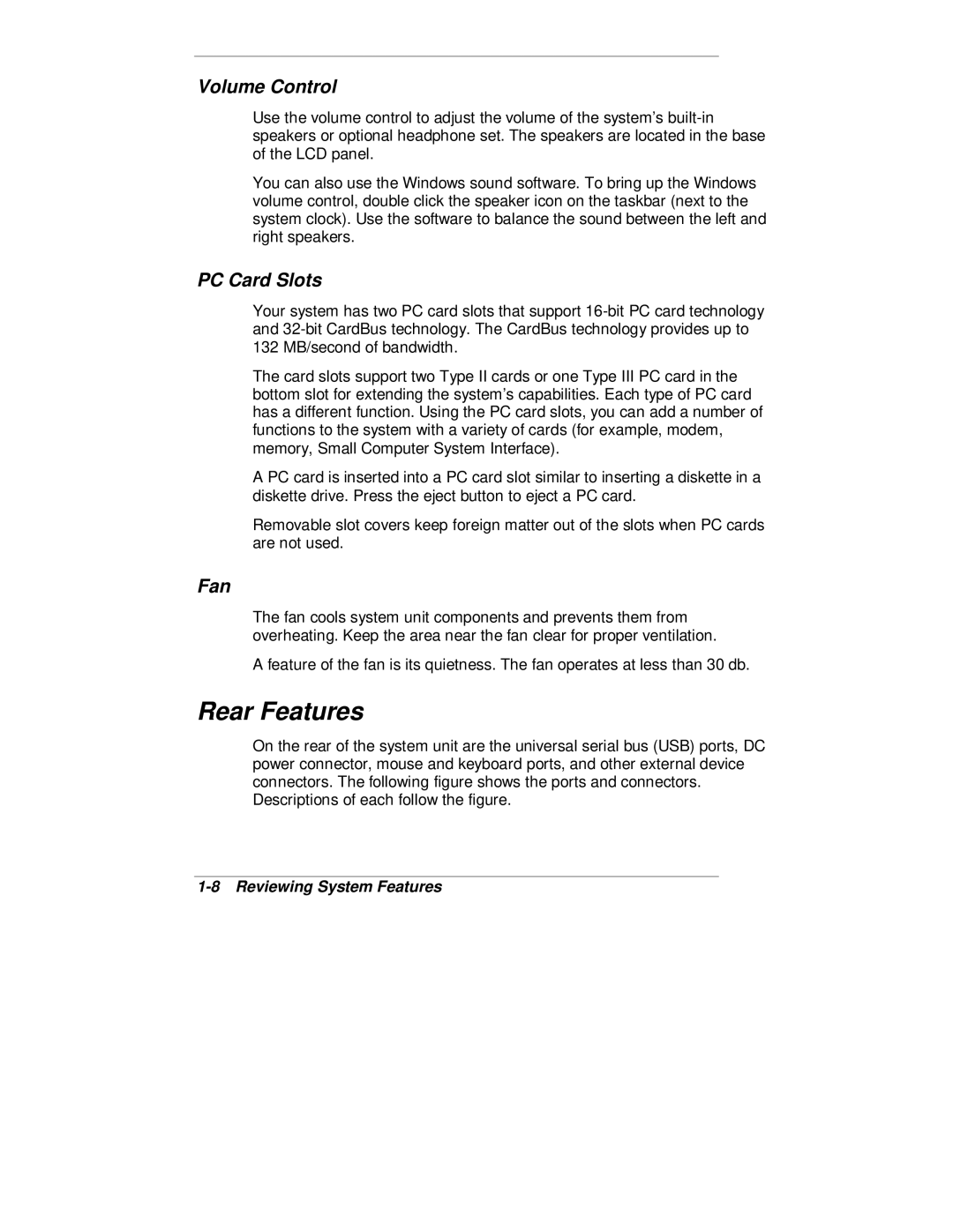 NEC 2000 Series manual Rear Features, Volume Control, PC Card Slots, Fan 