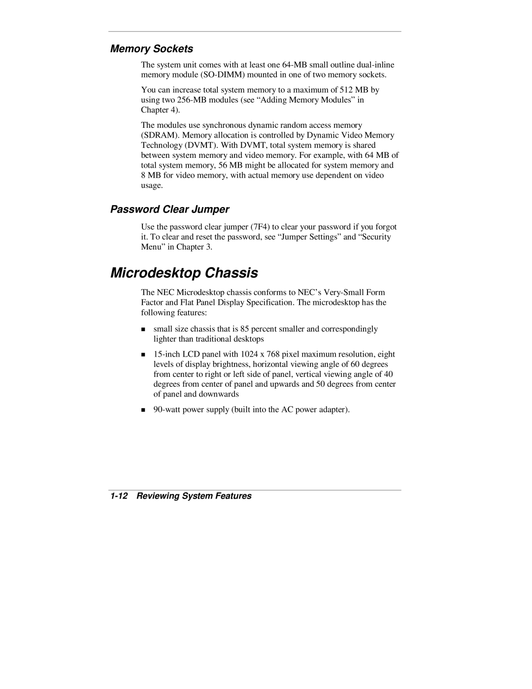 NEC 2000 Series manual Microdesktop Chassis, Memory Sockets, Password Clear Jumper 