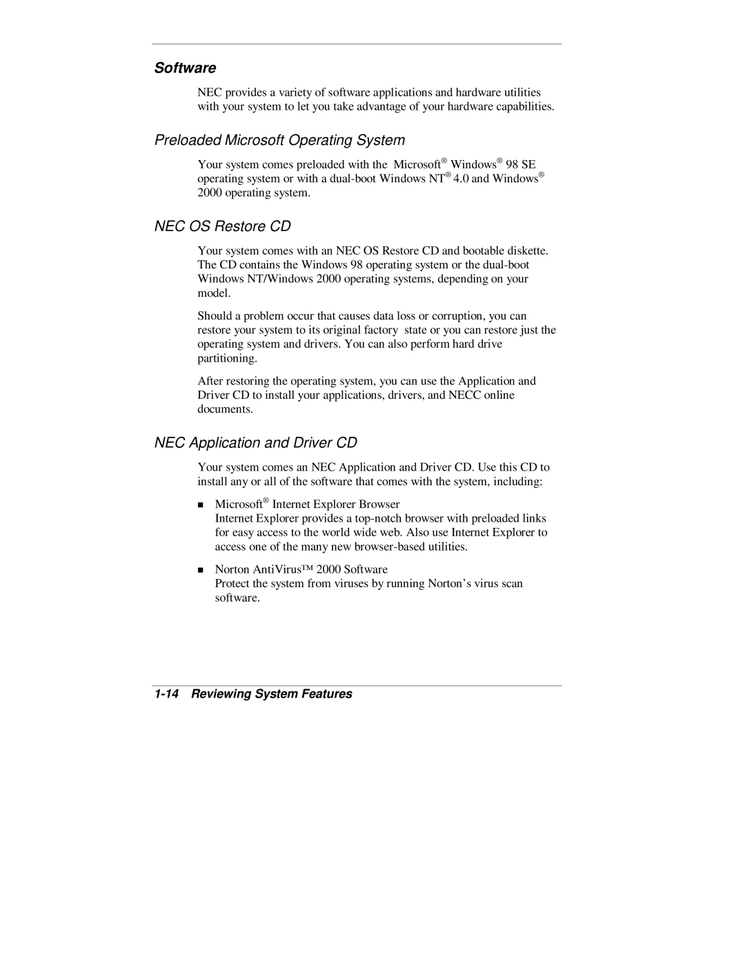 NEC 2000 Series manual Software, Preloaded Microsoft Operating System 