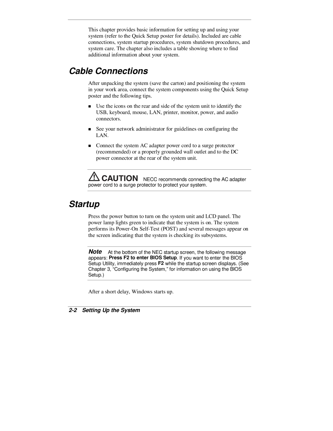 NEC 2000 Series manual Cable Connections, Startup, Setting Up the System 