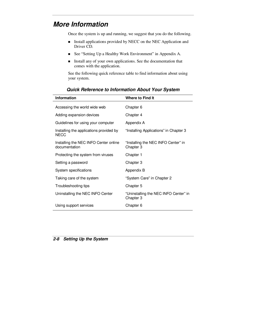 NEC 2000 Series manual More Information, Quick Reference to Information About Your System 