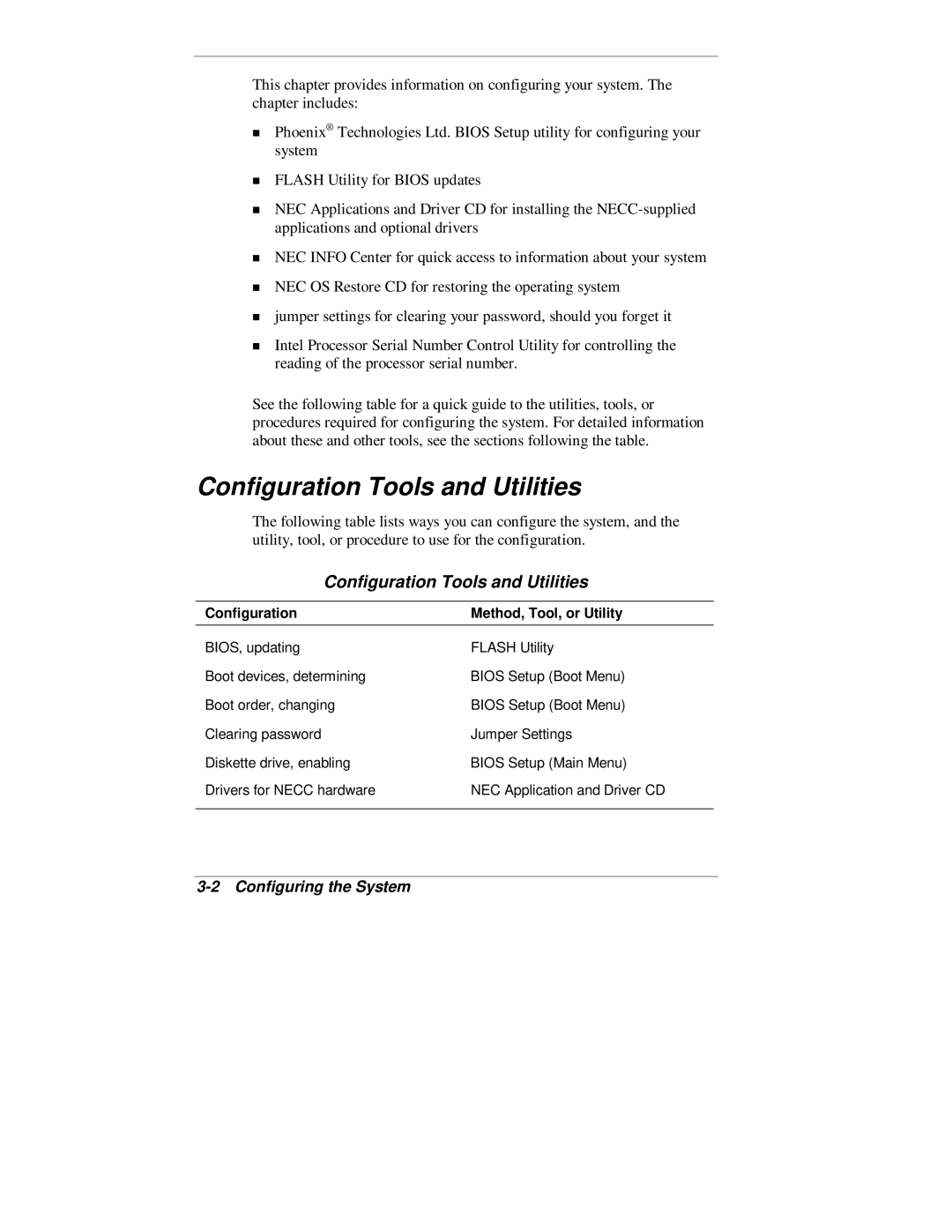 NEC 2000 Series manual Configuration Tools and Utilities, Configuring the System 