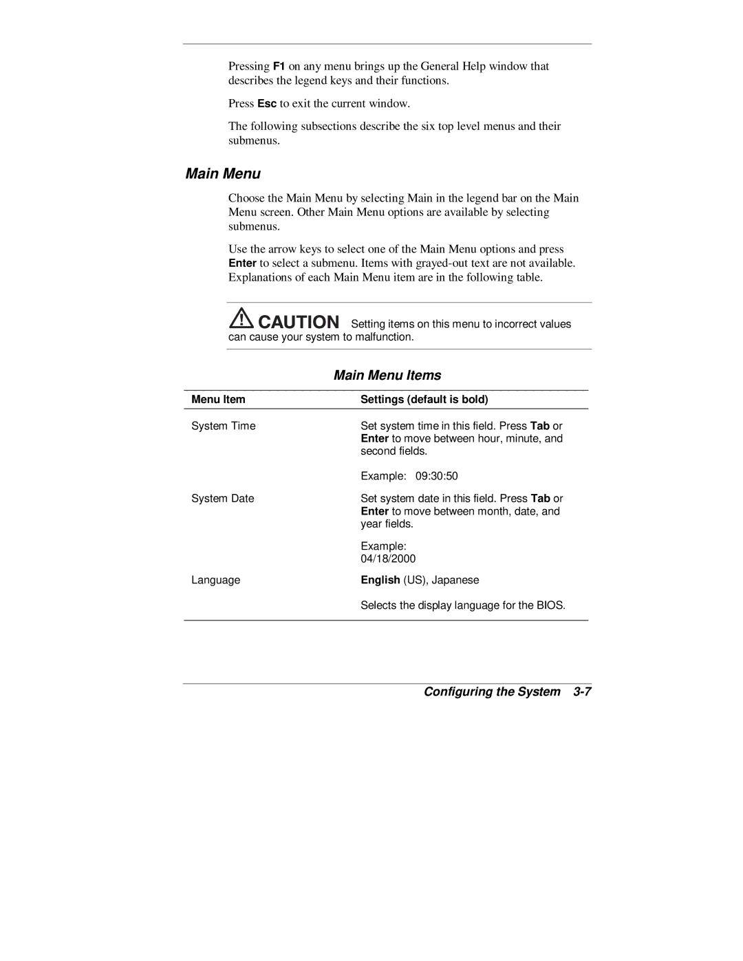 NEC 2000 Series manual Main Menu Items 