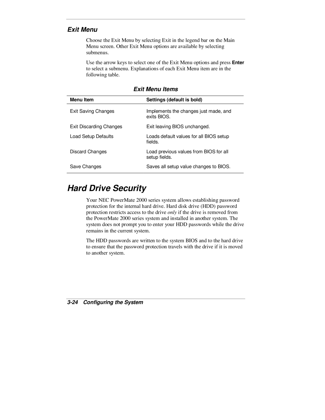 NEC 2000 Series manual Hard Drive Security, Exit Menu 