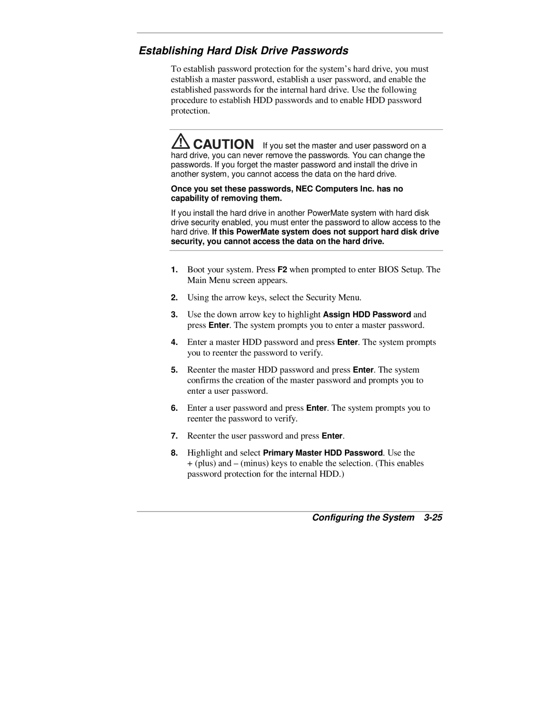 NEC 2000 Series manual Establishing Hard Disk Drive Passwords 