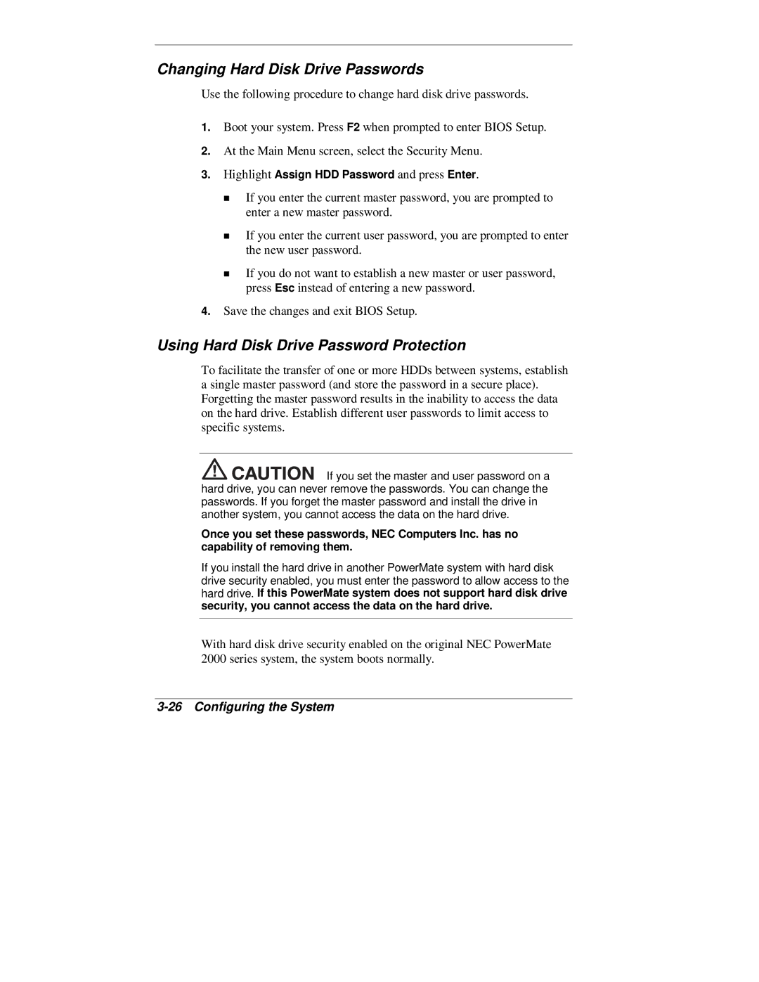 NEC 2000 Series manual Changing Hard Disk Drive Passwords, Using Hard Disk Drive Password Protection 