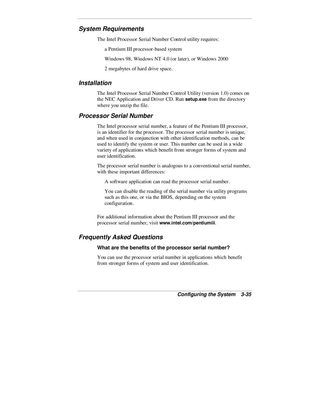 NEC 2000 Series manual System Requirements, Installation, Processor Serial Number, Frequently Asked Questions 