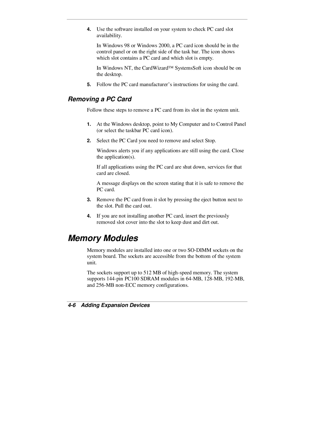 NEC 2000 Series manual Memory Modules, Removing a PC Card 