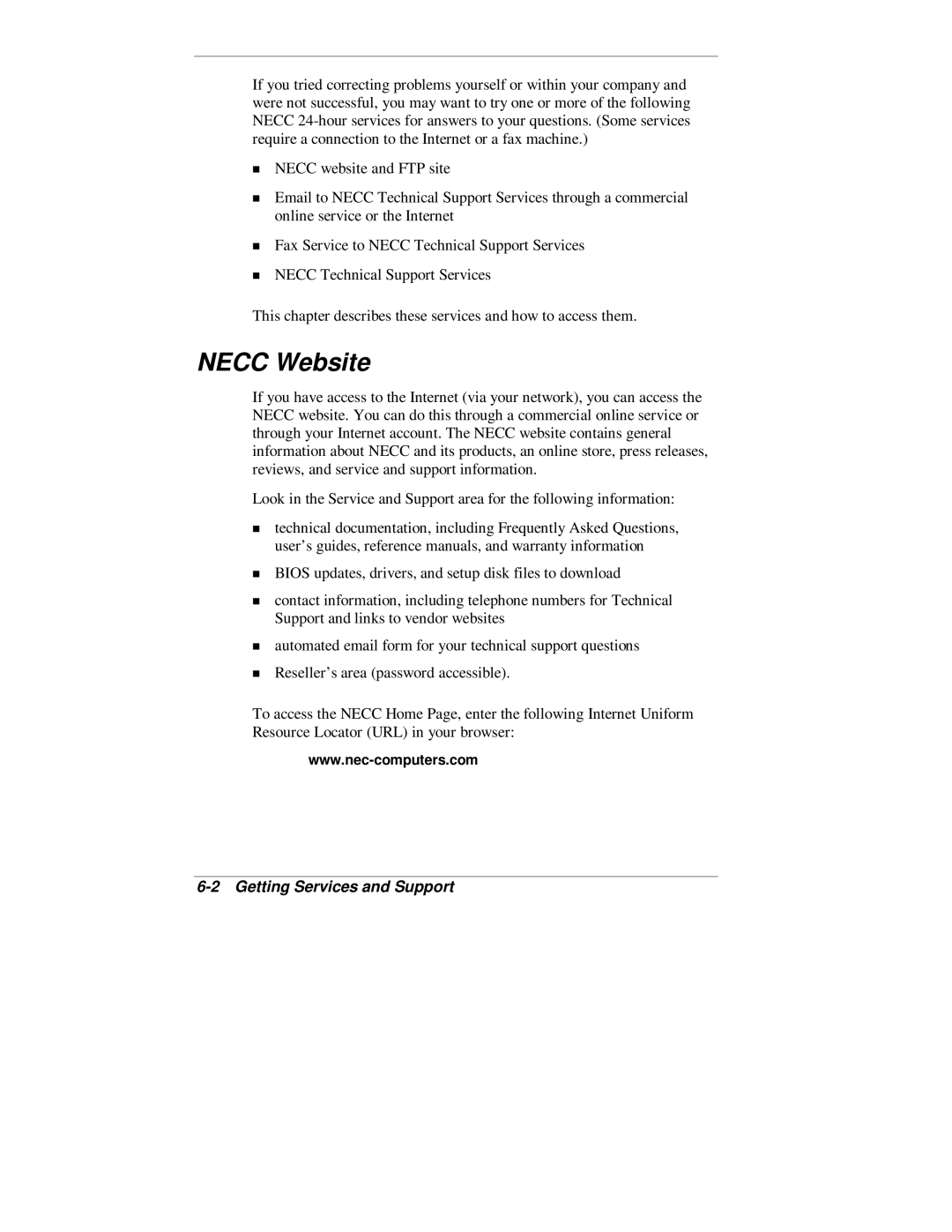 NEC 2000 Series manual Necc Website, Getting Services and Support 