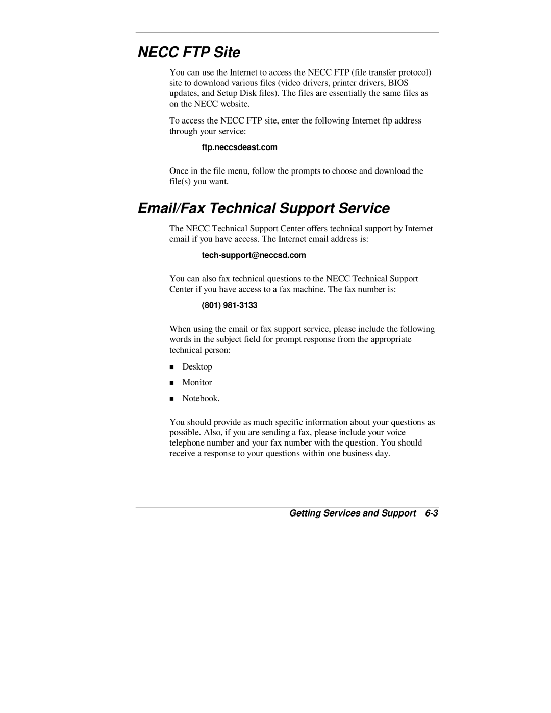 NEC 2000 Series manual Necc FTP Site, Email/Fax Technical Support Service 