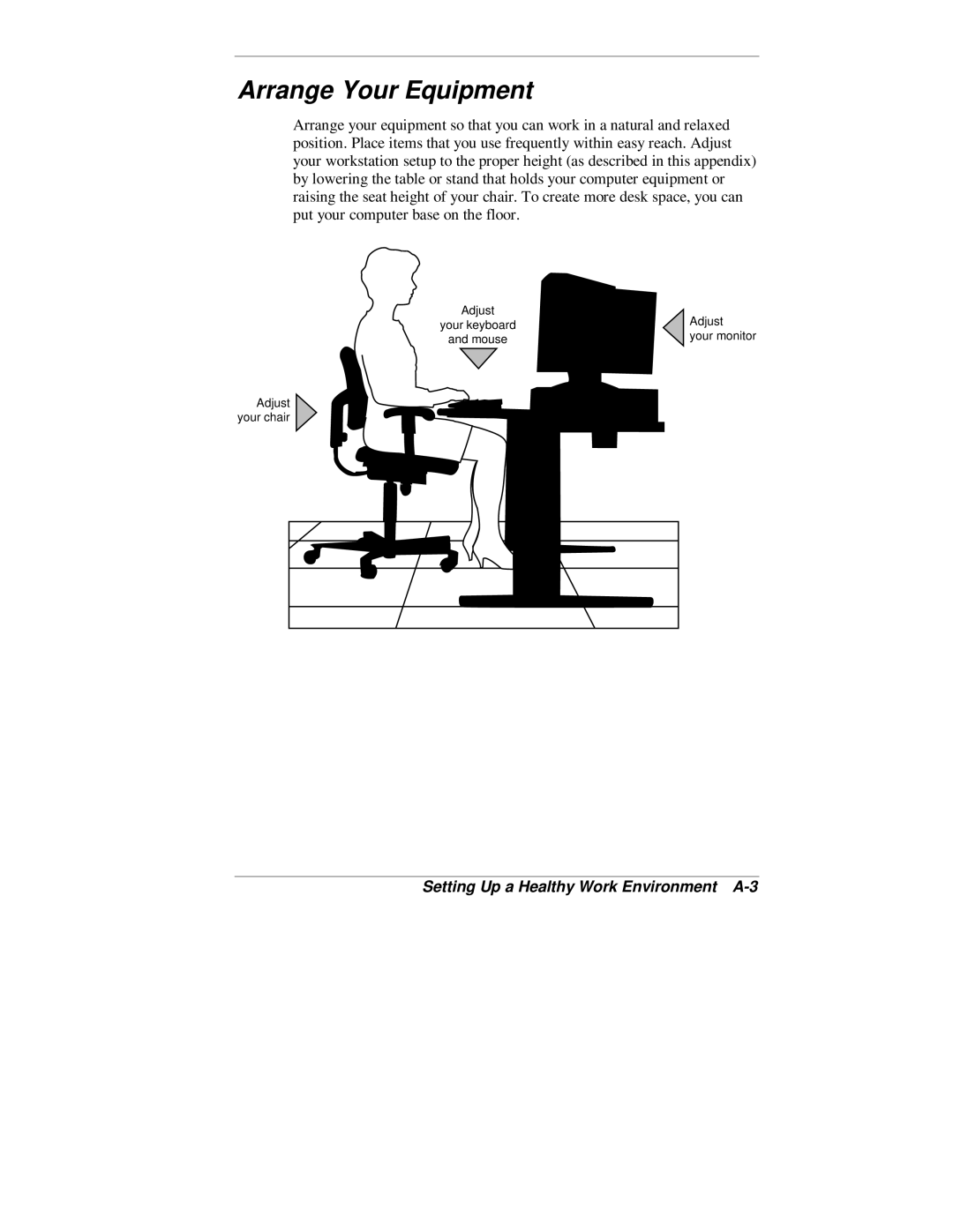 NEC 2000 Series manual Arrange Your Equipment, Setting Up a Healthy Work Environment A-3 