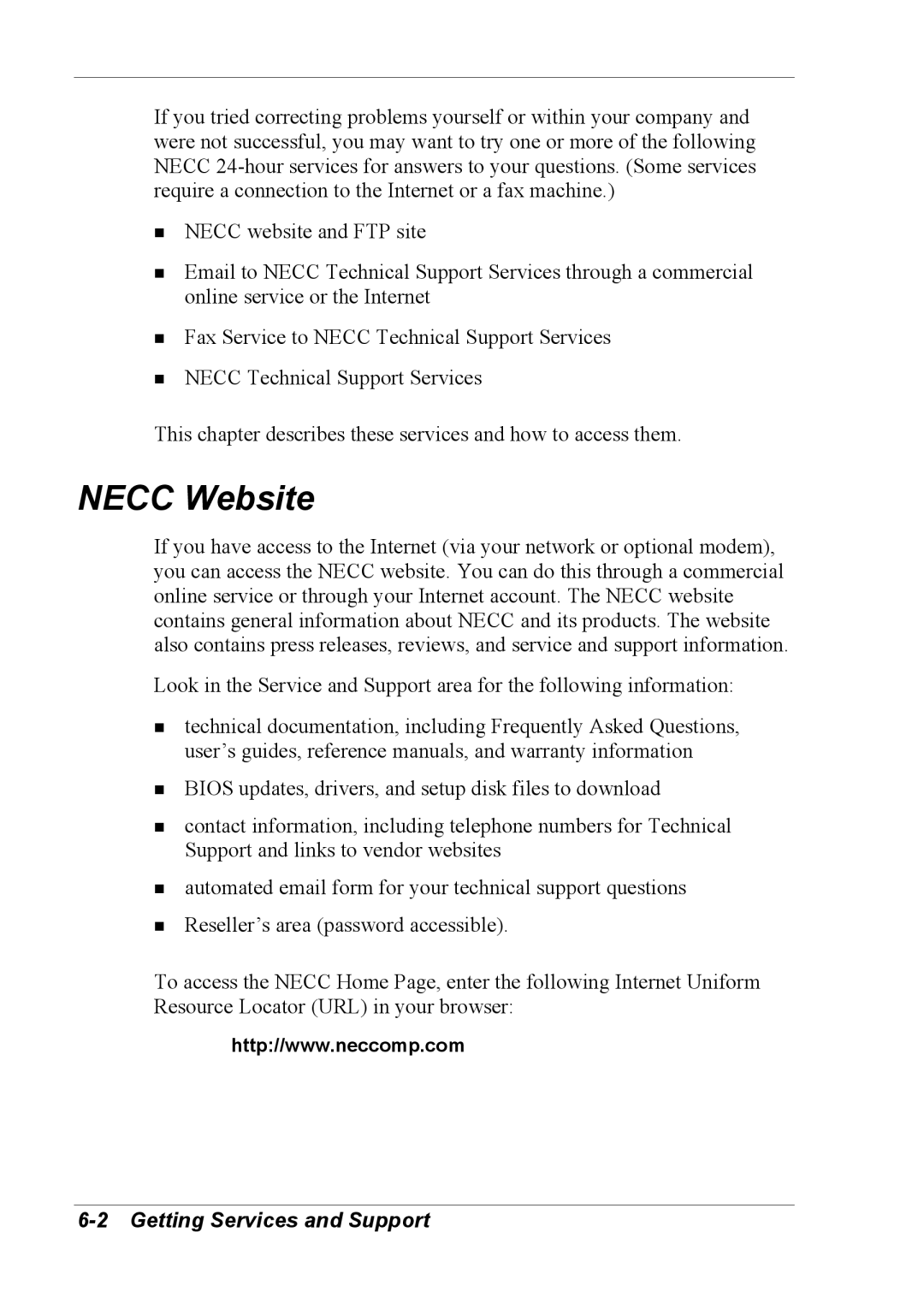 NEC 2000 manual Necc Website, Getting Services and Support 