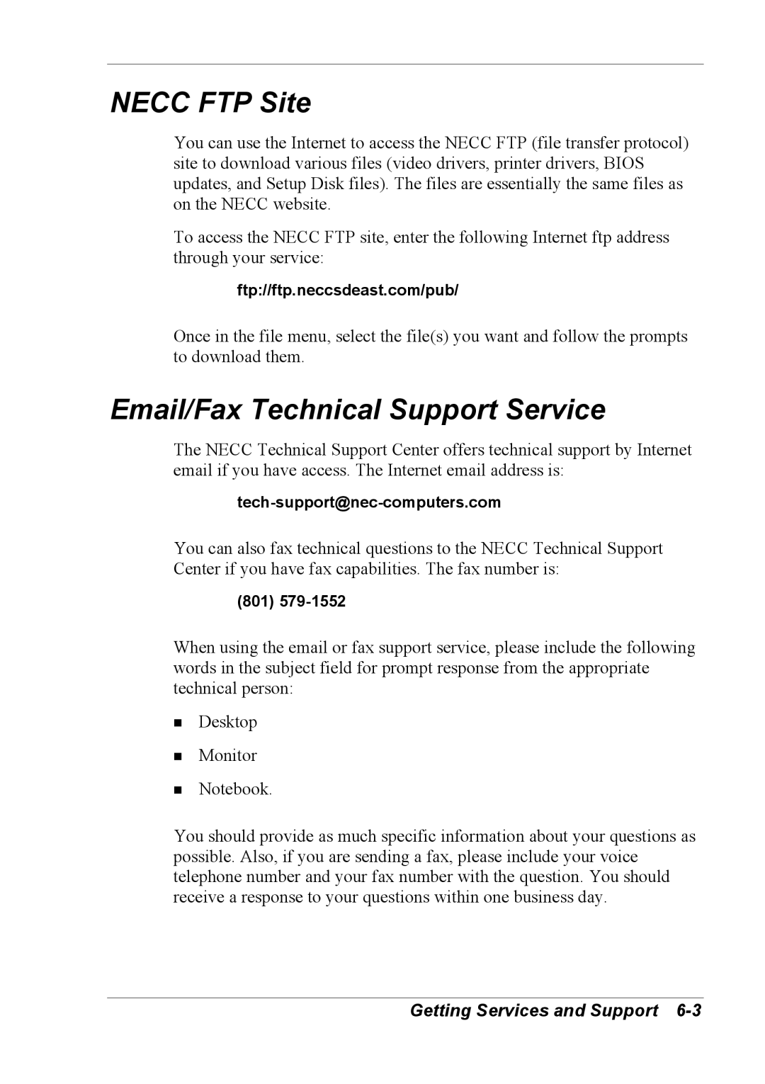 NEC 2000 manual Necc FTP Site, Email/Fax Technical Support Service 