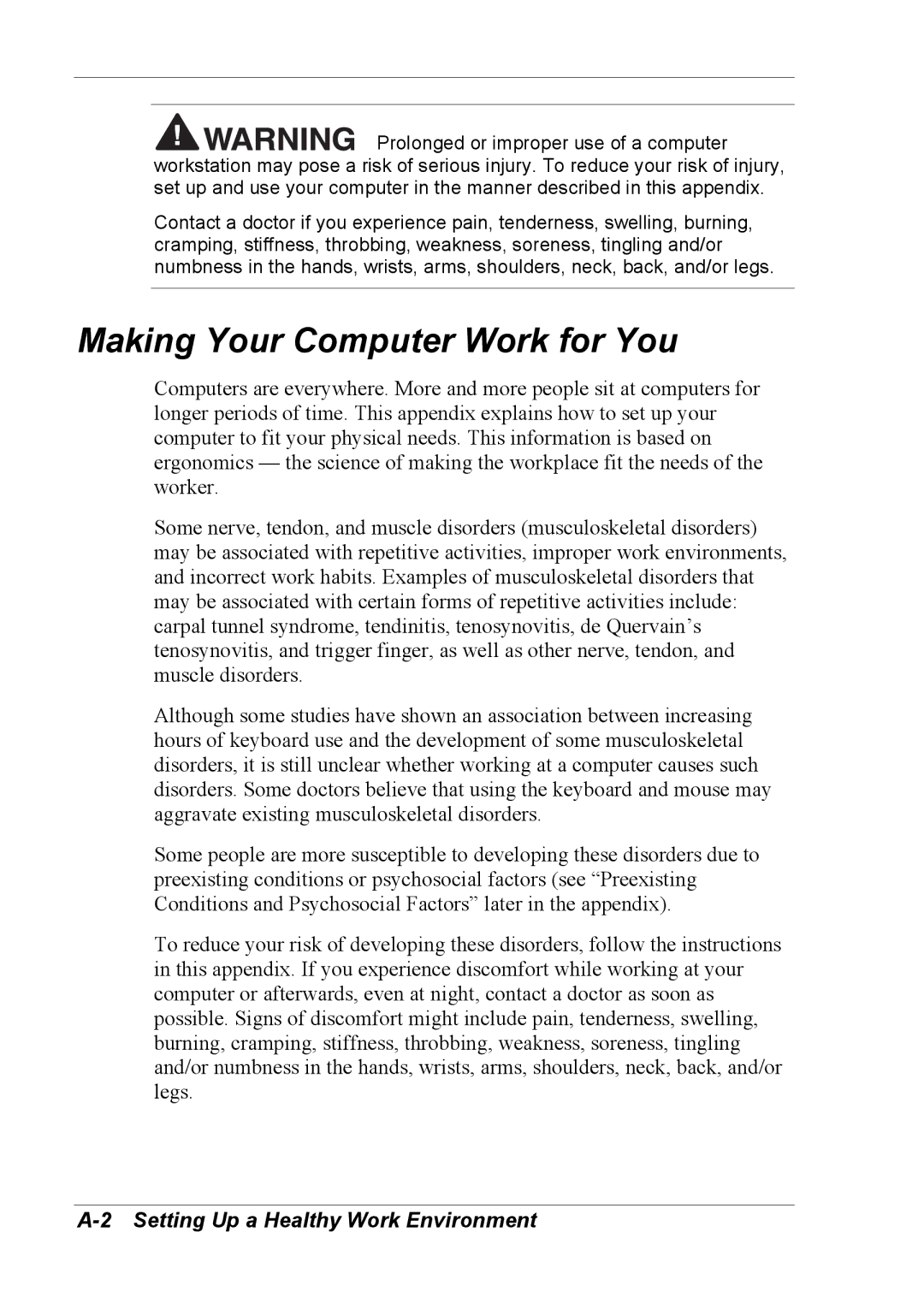 NEC 2000 manual Making Your Computer Work for You, Setting Up a Healthy Work Environment 