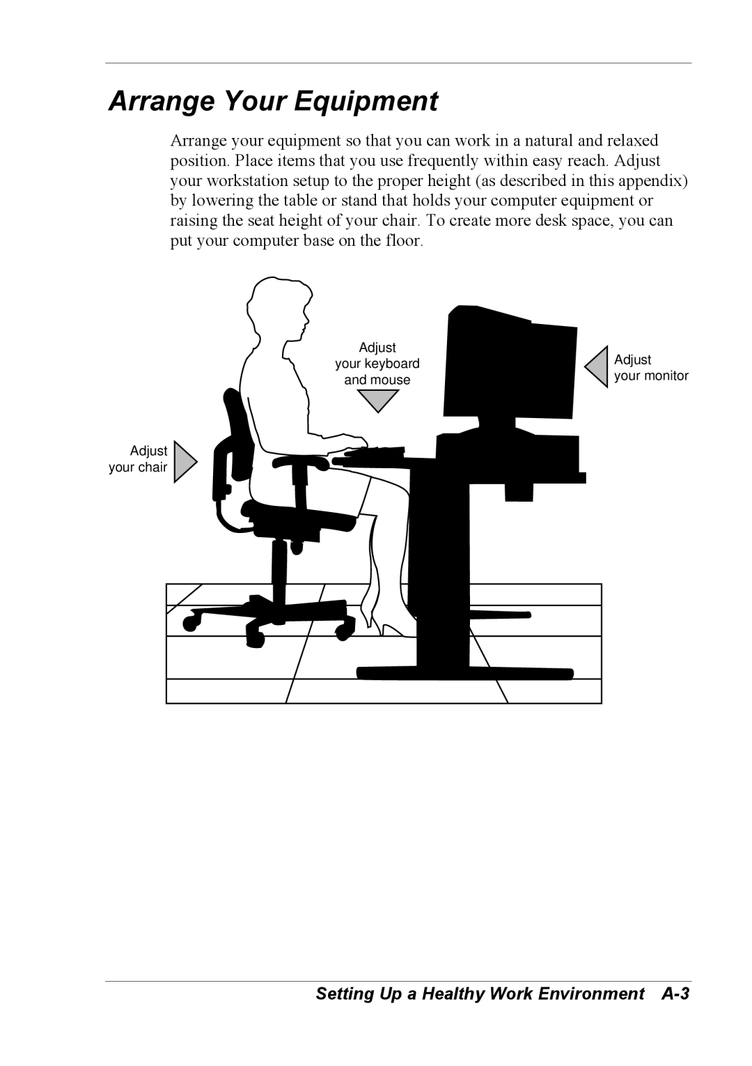 NEC 2000 manual Arrange Your Equipment, Setting Up a Healthy Work Environment A-3 