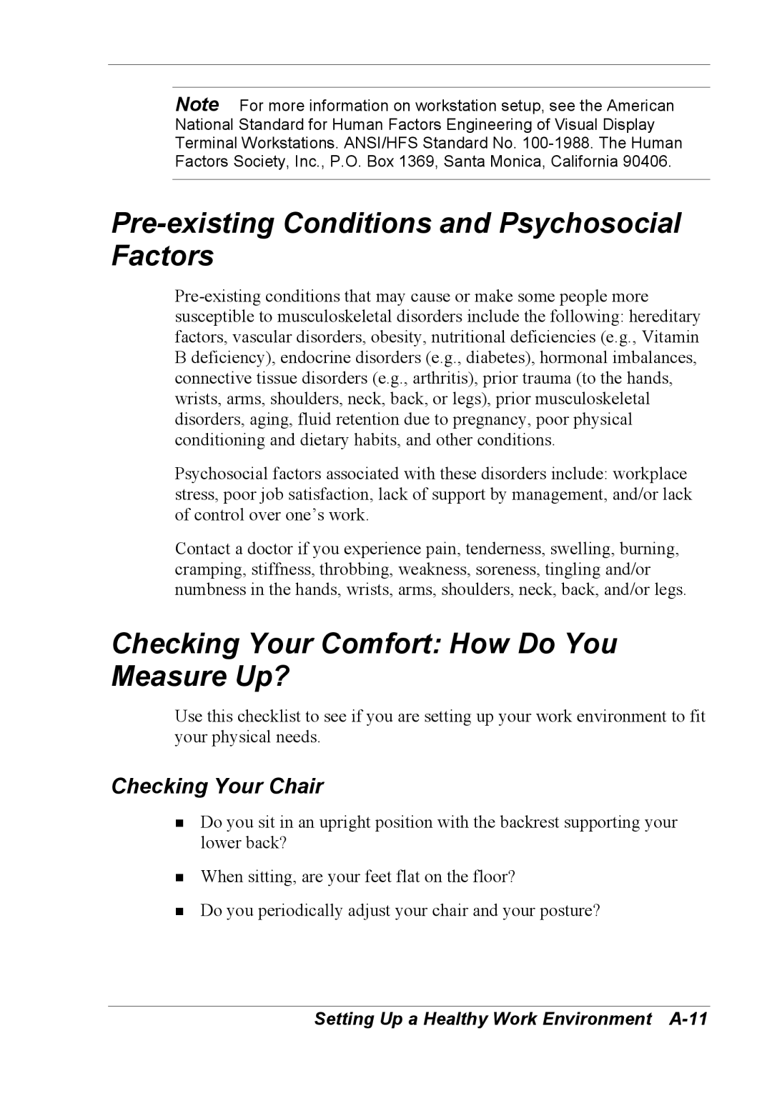 NEC 2000 manual Pre-existing Conditions and Psychosocial Factors, Checking Your Comfort How Do You Measure Up? 